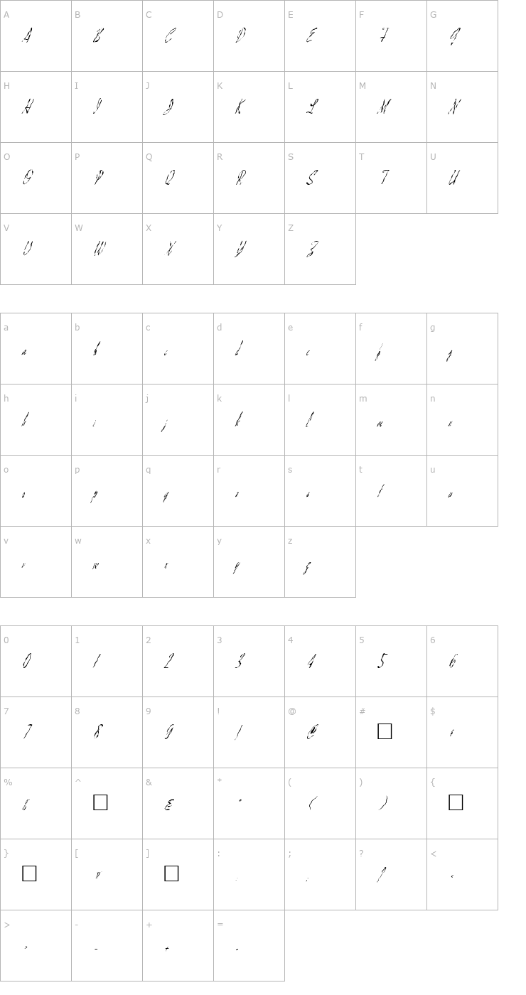 Character Map FZ HAND 13 WAVEY ITALIC Font