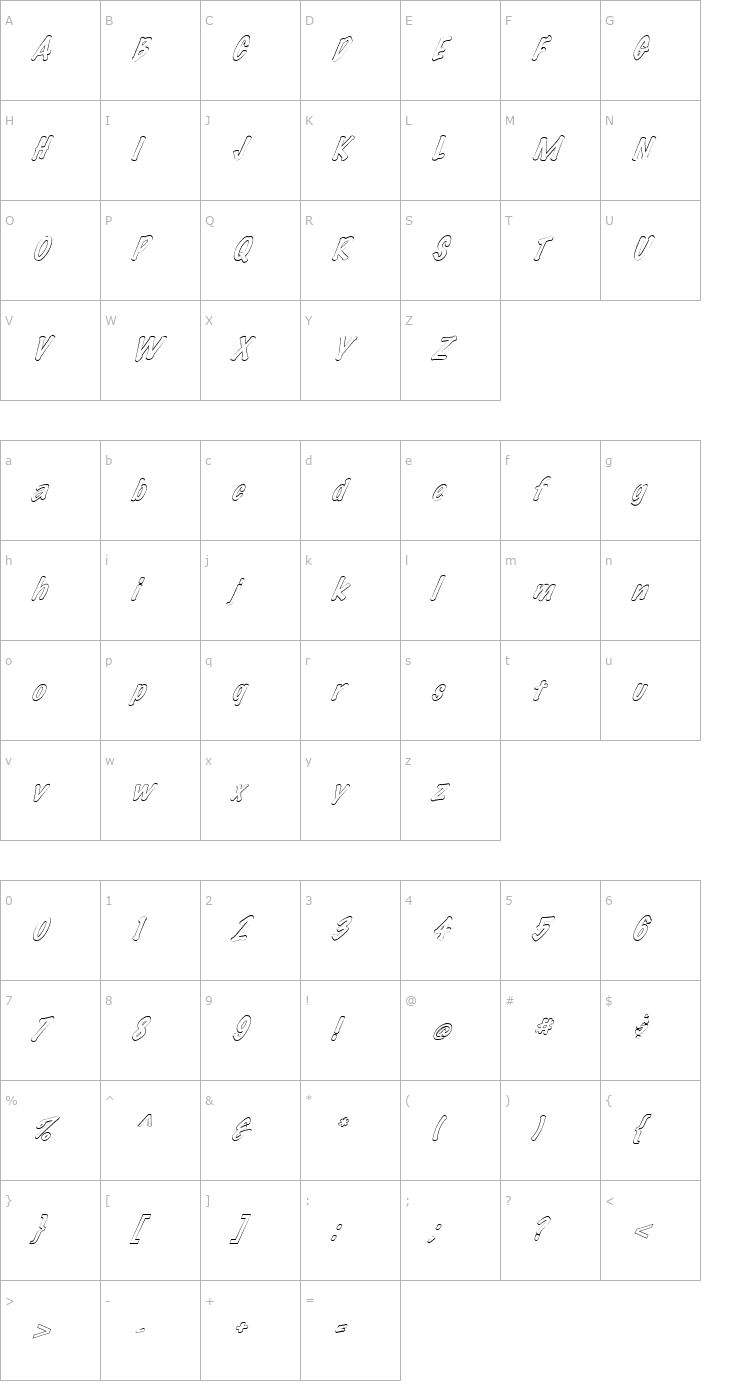 Character Map FZ HAND 14 HOLLOW ITALIC Font