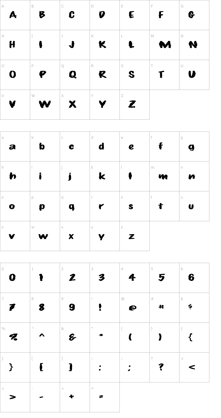 Character Map FZ HAND 14 MANGLED EX Font