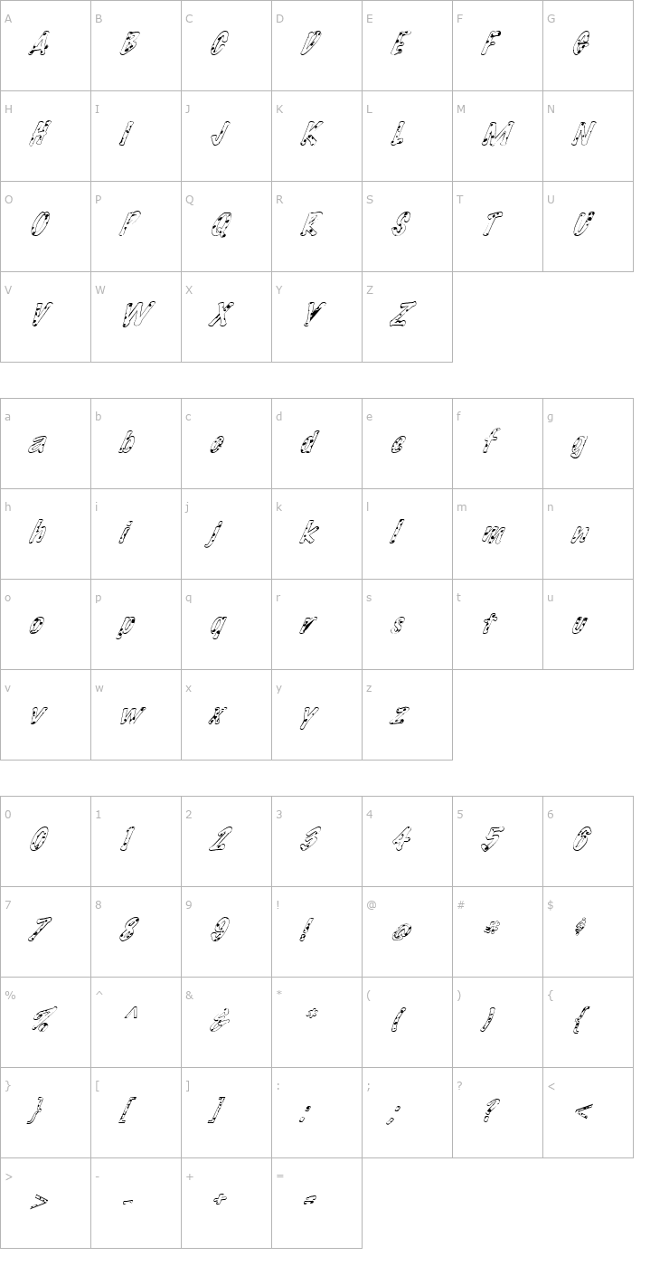 Character Map FZ HAND 14 SPOTTED ITALIC Font