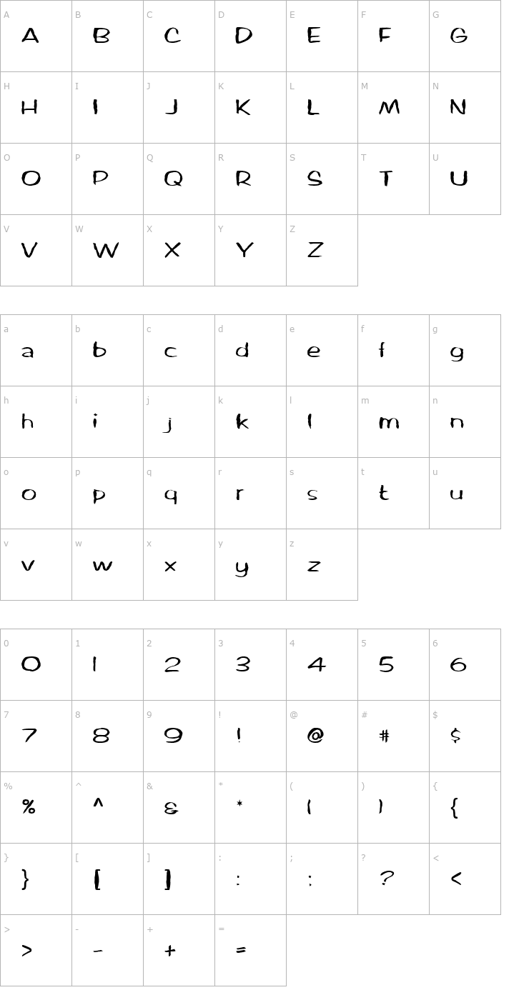 Character Map FZ HAND 2 MANGLED Font