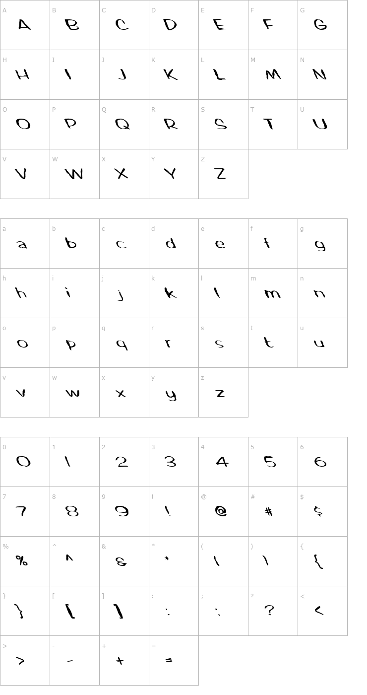 Character Map FZ HAND 2 MANGLED LEFTY Font