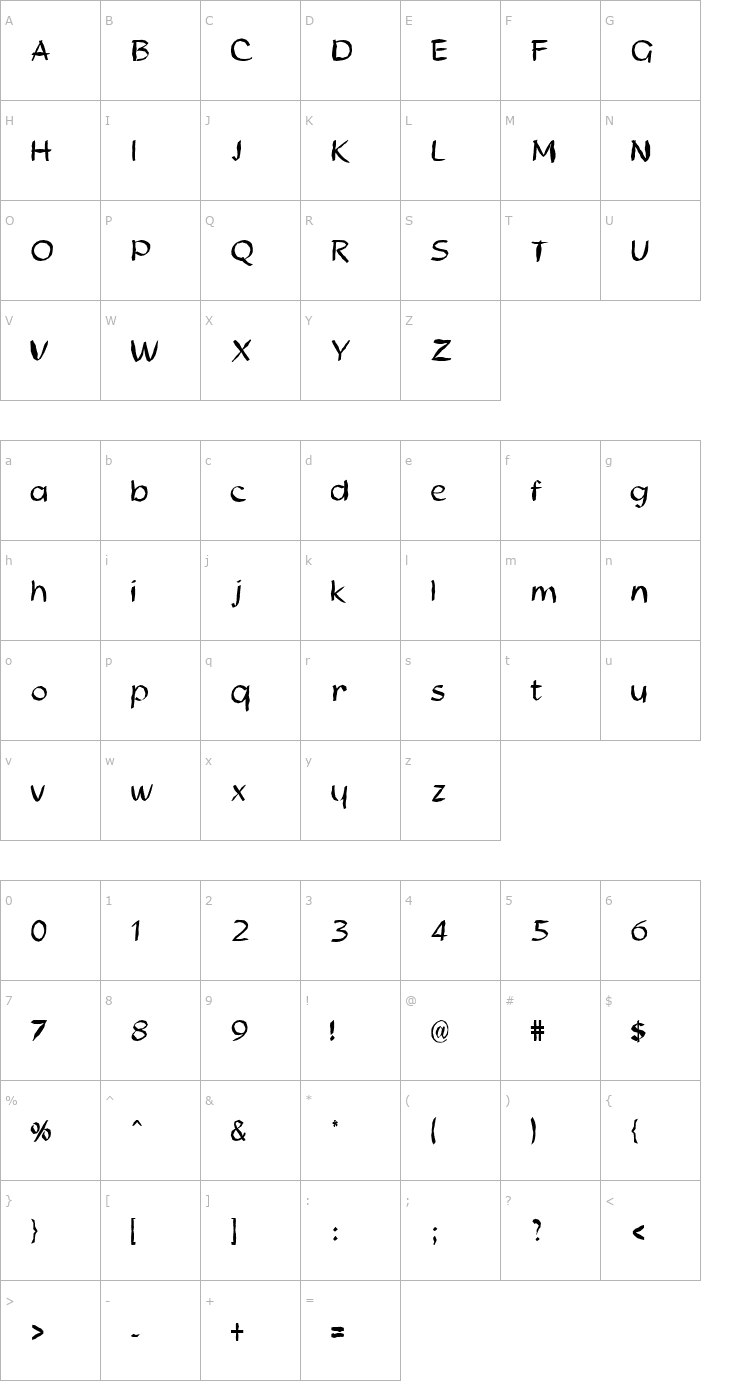 Character Map FZ HAND 21 MANGLED Font