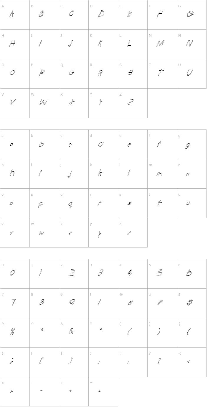 Character Map FZ HAND 22 HOLLOW ITALIC Font