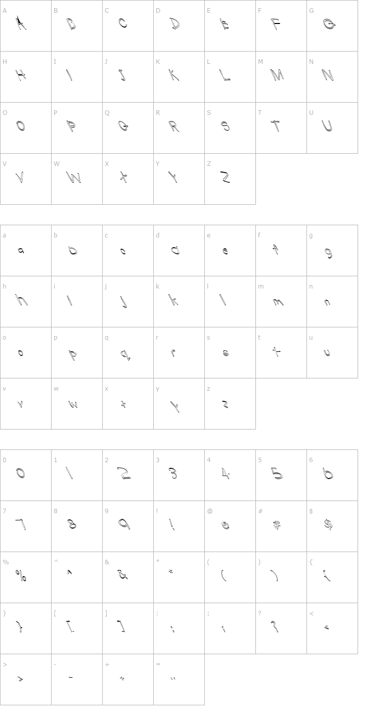 Character Map FZ HAND 22 HOLLOW LEFTY Font