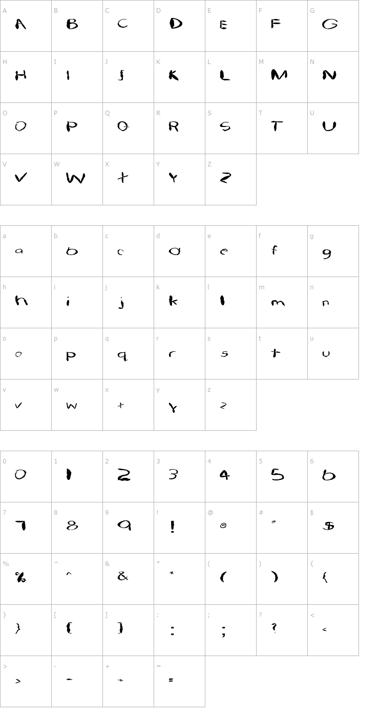 Character Map FZ HAND 22 MANGLED EX Font