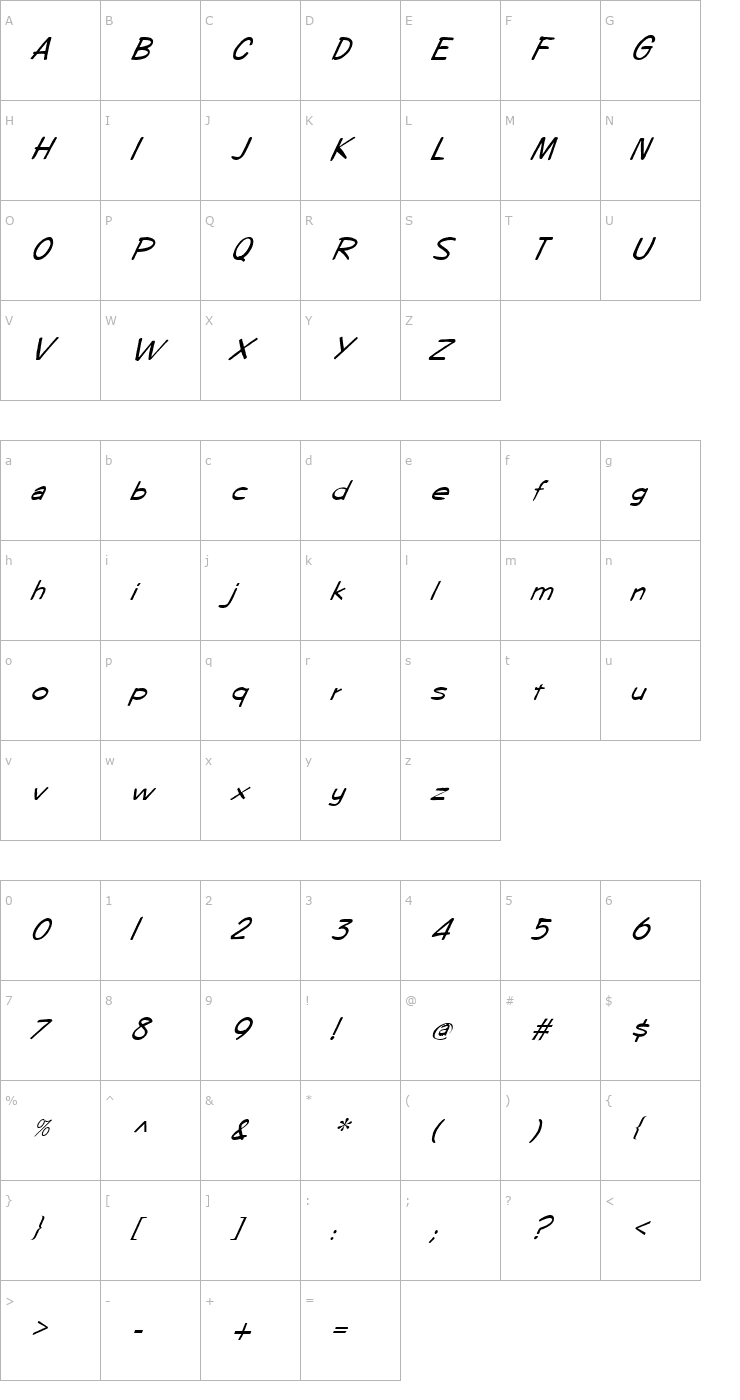 Character Map FZ HAND 7 ITALIC Font