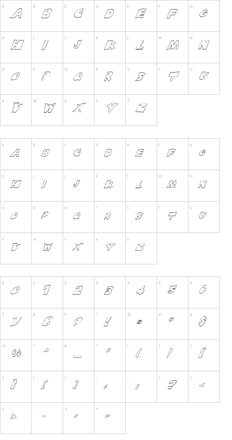 Character Map FZ JAZZY 10 HOLLOW ITALIC Font