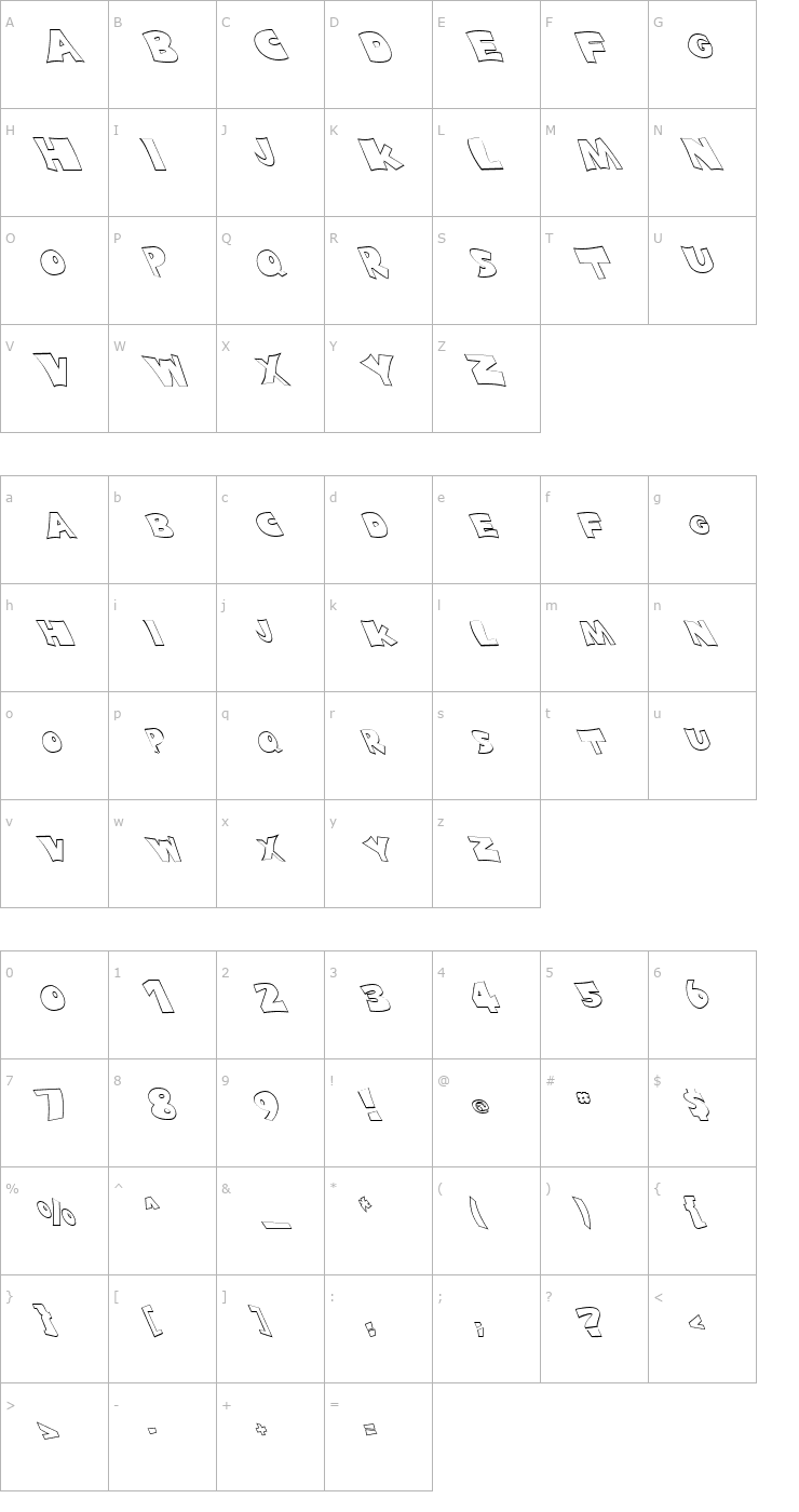 Character Map FZ JAZZY 10 HOLLOW LEFTY Font