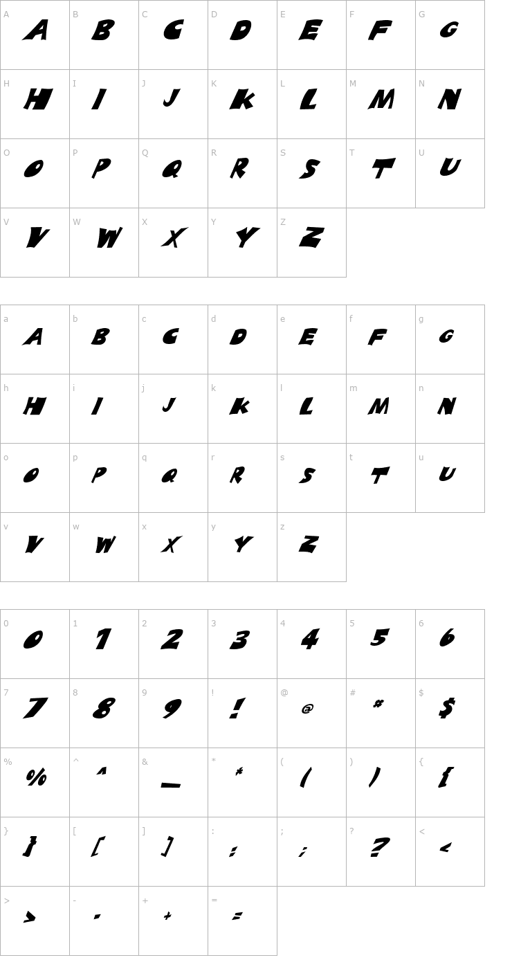 Character Map FZ JAZZY 10 ITALIC Font