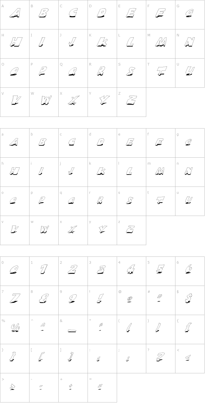 Character Map FZ JAZZY 10 SHADOW ITALIC Font