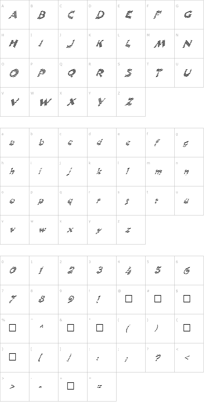 Character Map FZ JAZZY 11 STRIPED ITALIC Font