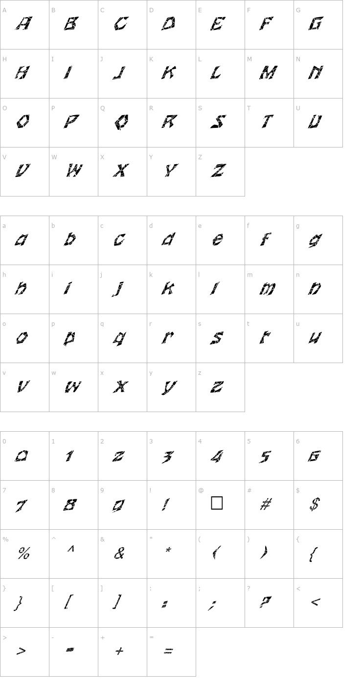 Character Map FZ JAZZY 12 CRACKED ITALIC Font