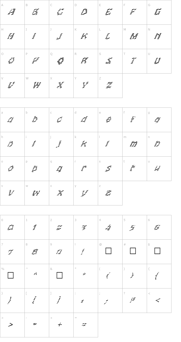 Character Map FZ JAZZY 12 STRIPED ITALIC Font