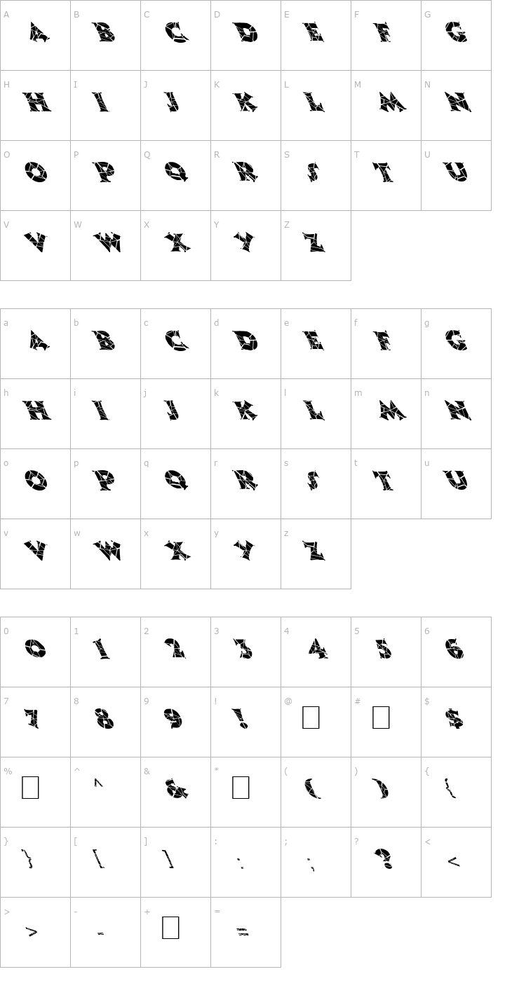 Character Map FZ JAZZY 13 CRACKED LEFTY Font