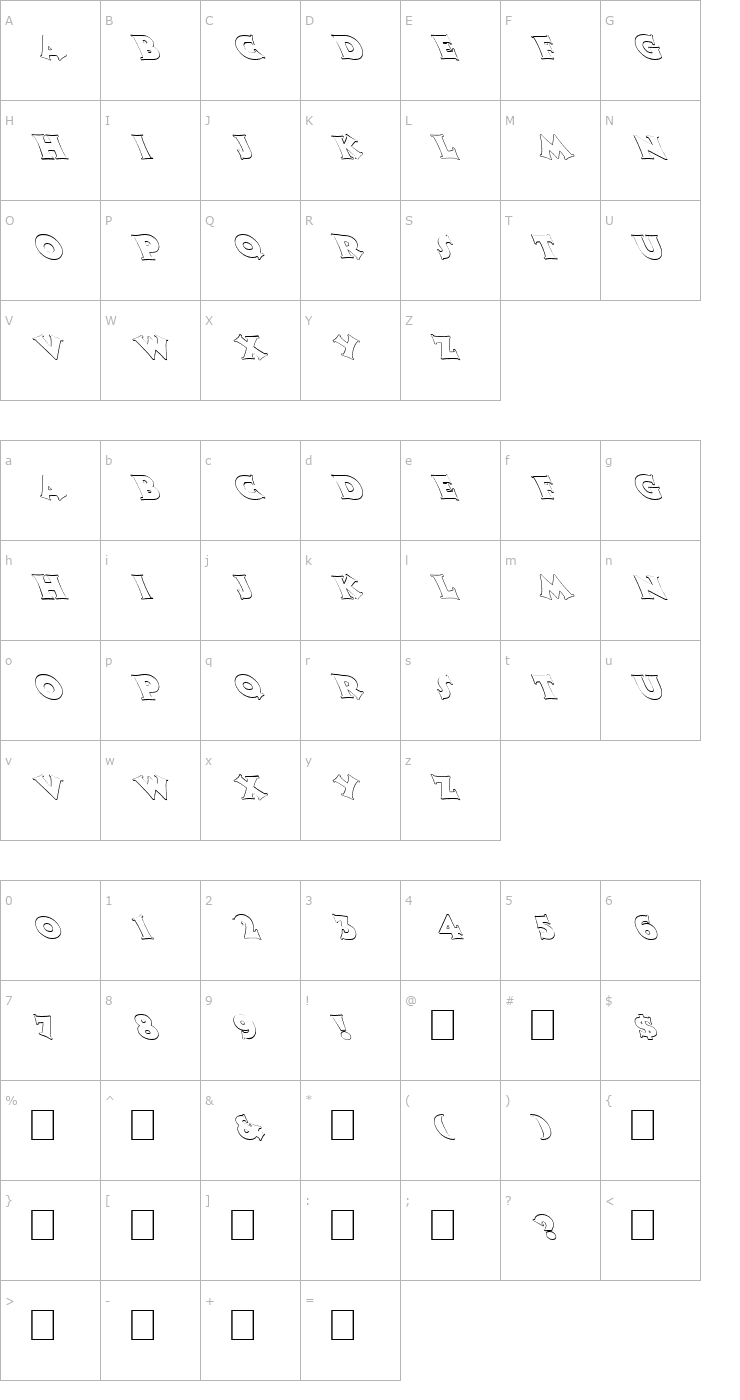 Character Map FZ JAZZY 13 HOLLOW LEFTY Font