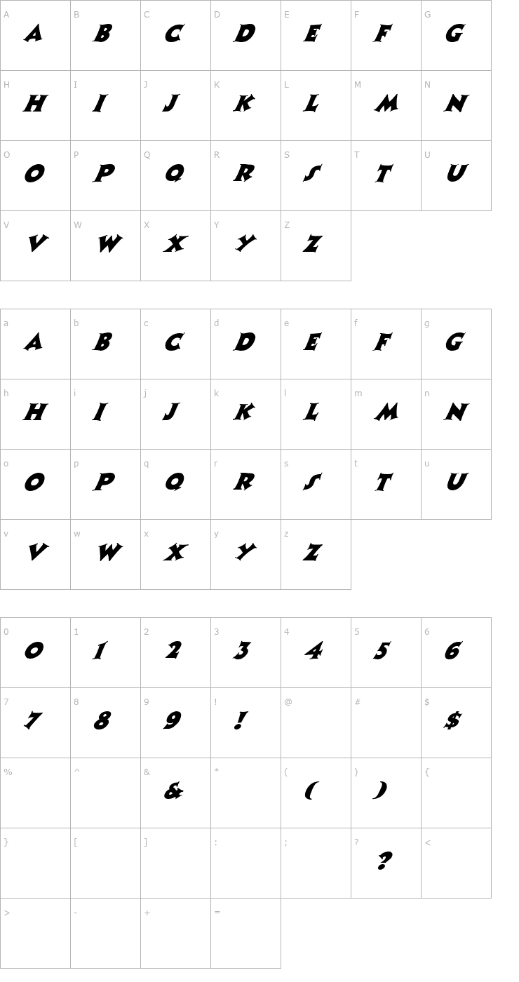 Character Map FZ JAZZY 13 ITALIC Font