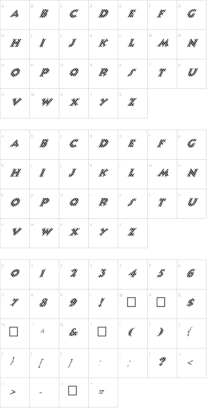 Character Map FZ JAZZY 13 STRIPED ITALIC Font