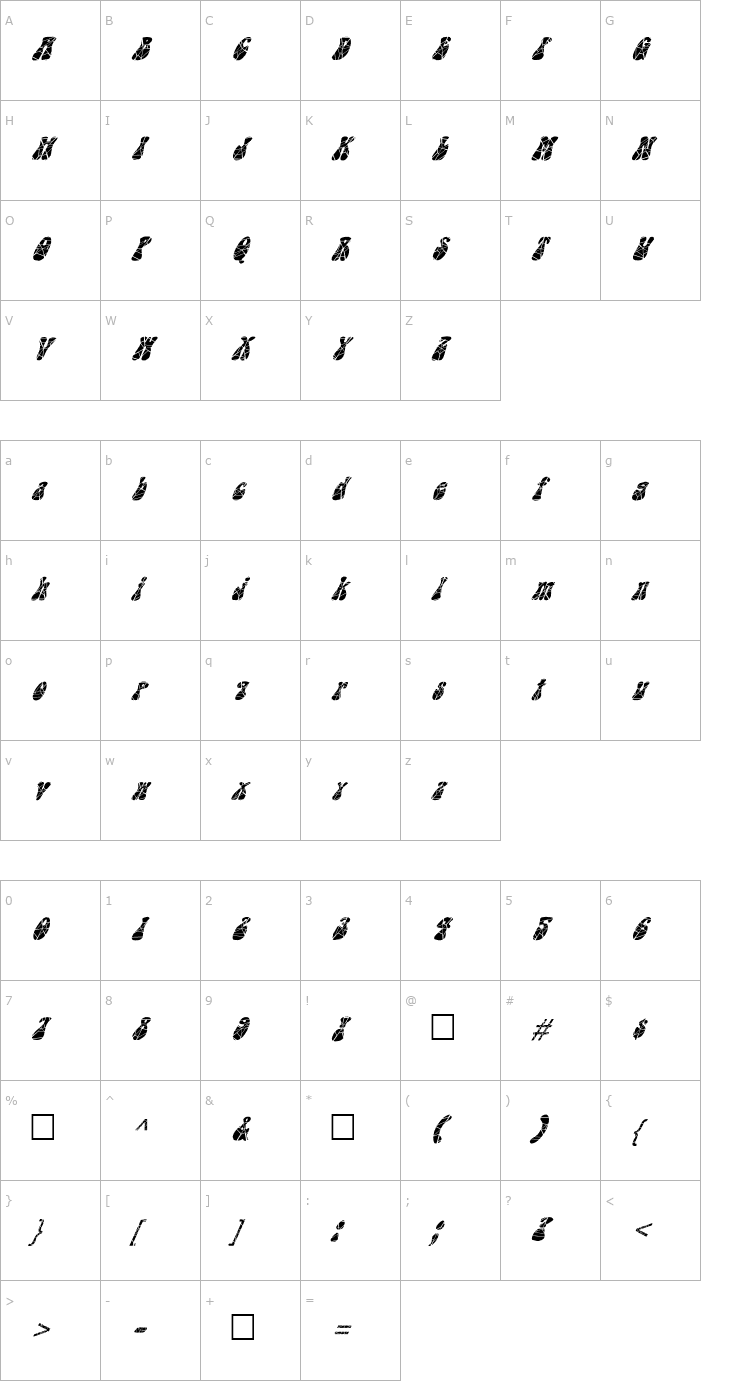 Character Map FZ JAZZY 14 CRACKED ITALIC Font