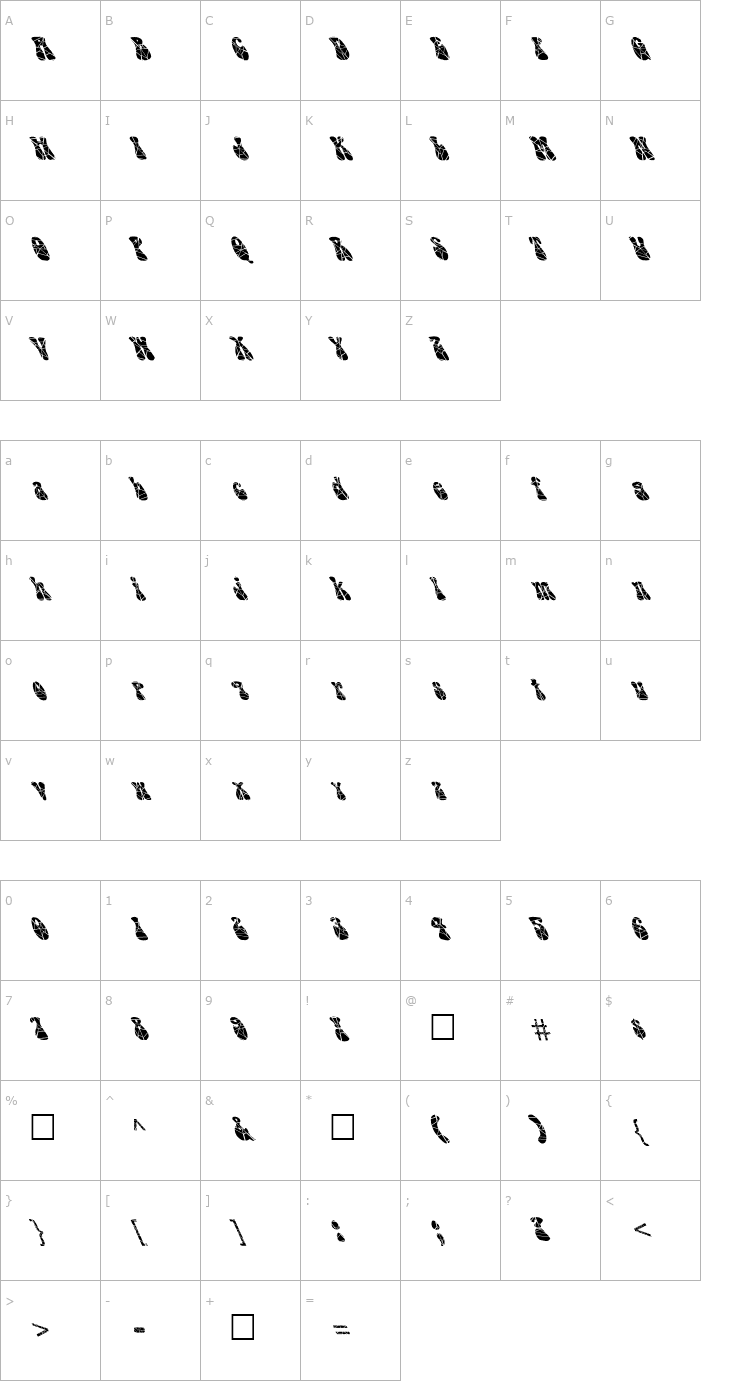 Character Map FZ JAZZY 14 CRACKED LEFTY Font