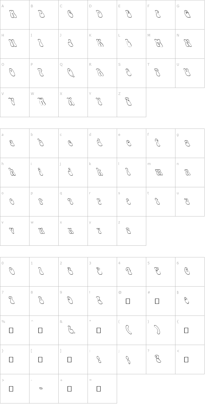 Character Map FZ JAZZY 14 HOLLOW LEFTY Font