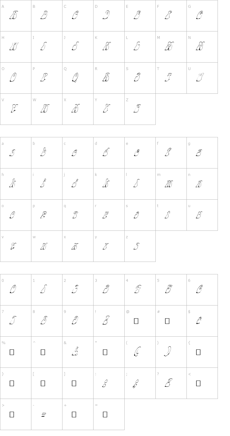 Character Map FZ JAZZY 14 SHADOW ITALIC Font