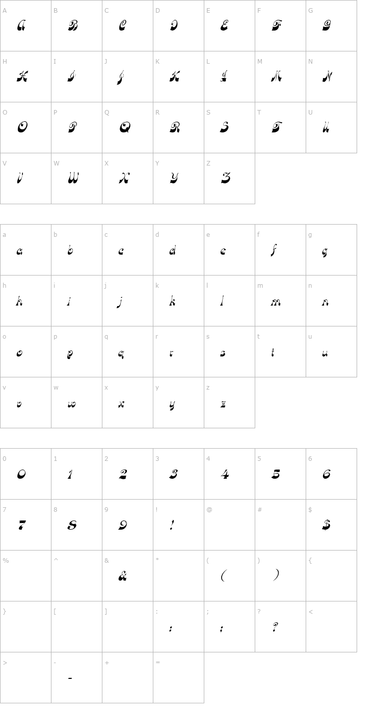 Character Map FZ JAZZY 15 ITALIC Font