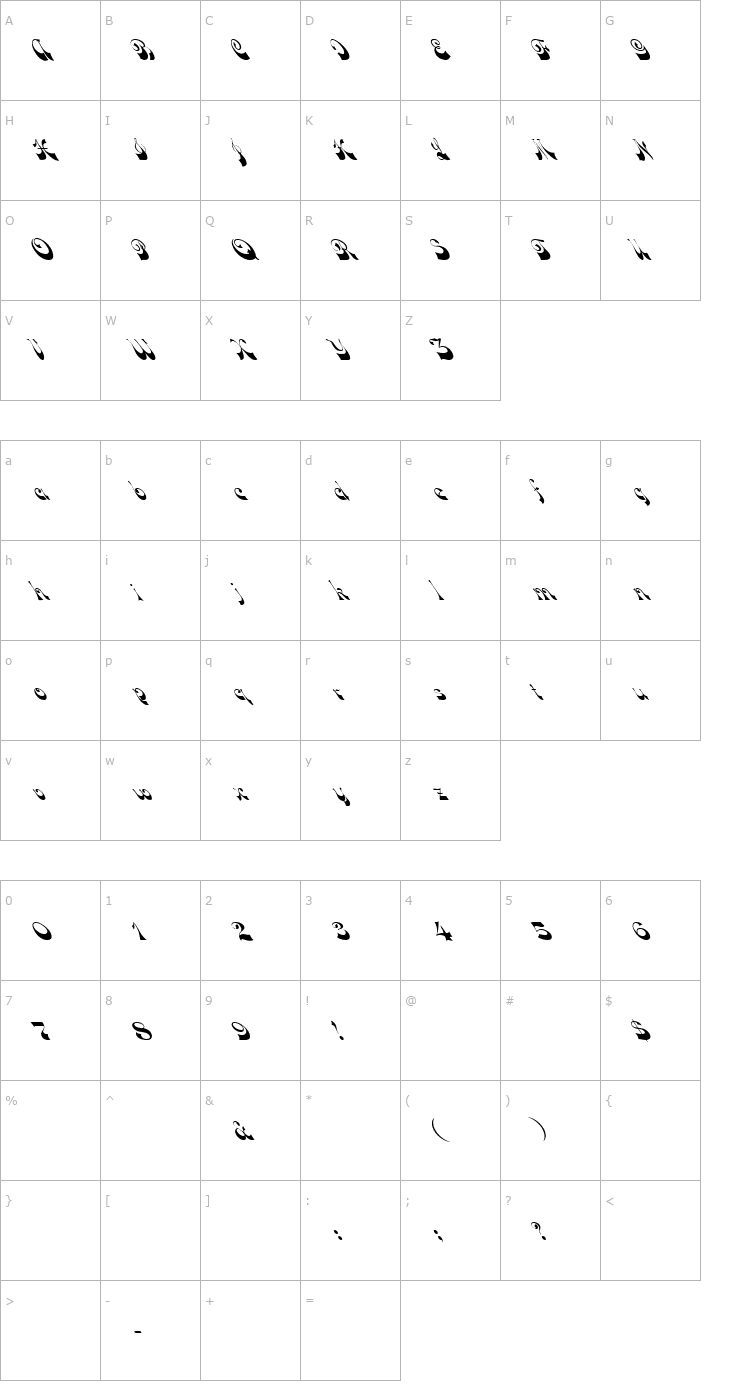 Character Map FZ JAZZY 15 LEFTY Font