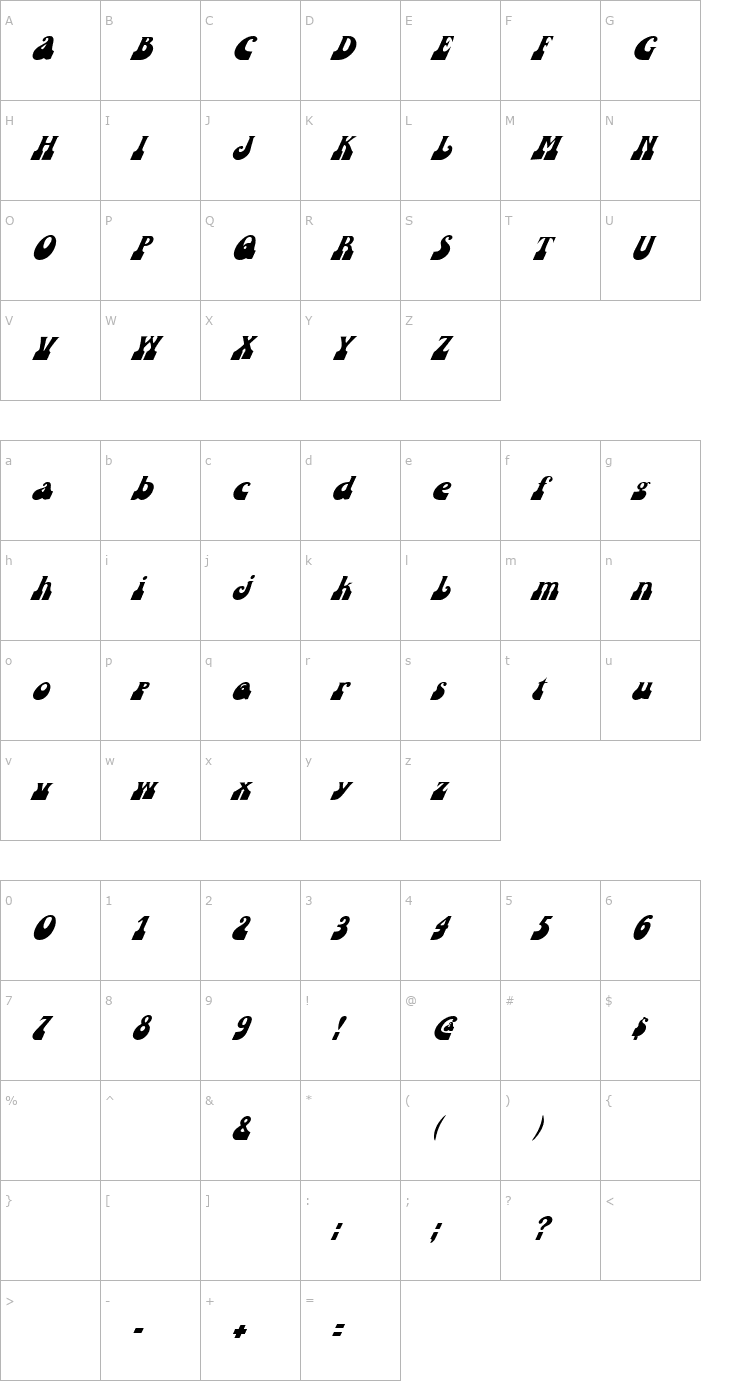 Character Map FZ JAZZY 16 ITALIC Font