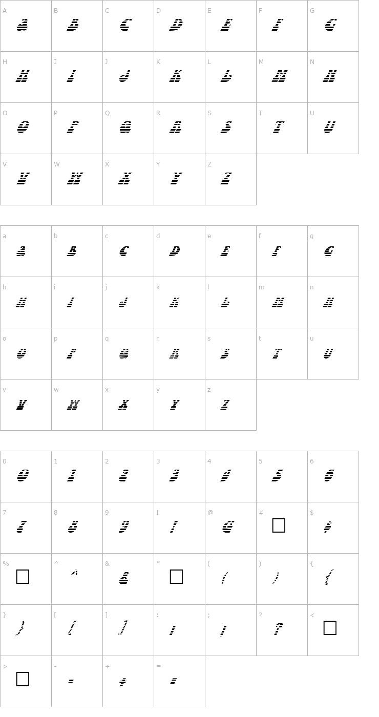 Character Map FZ JAZZY 16 STRIPED ITALIC Font