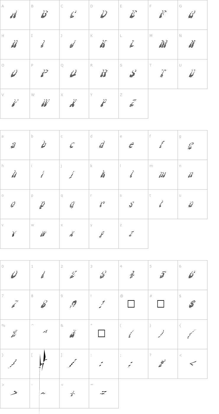 Character Map FZ JAZZY 17 STRIPED ITALIC Font