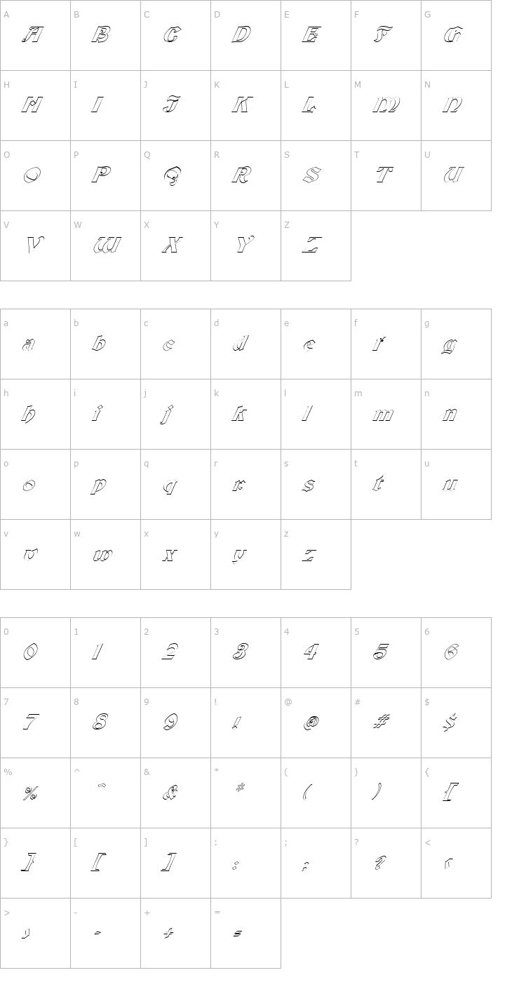 Character Map FZ JAZZY 19 HOLLOW ITALIC Font
