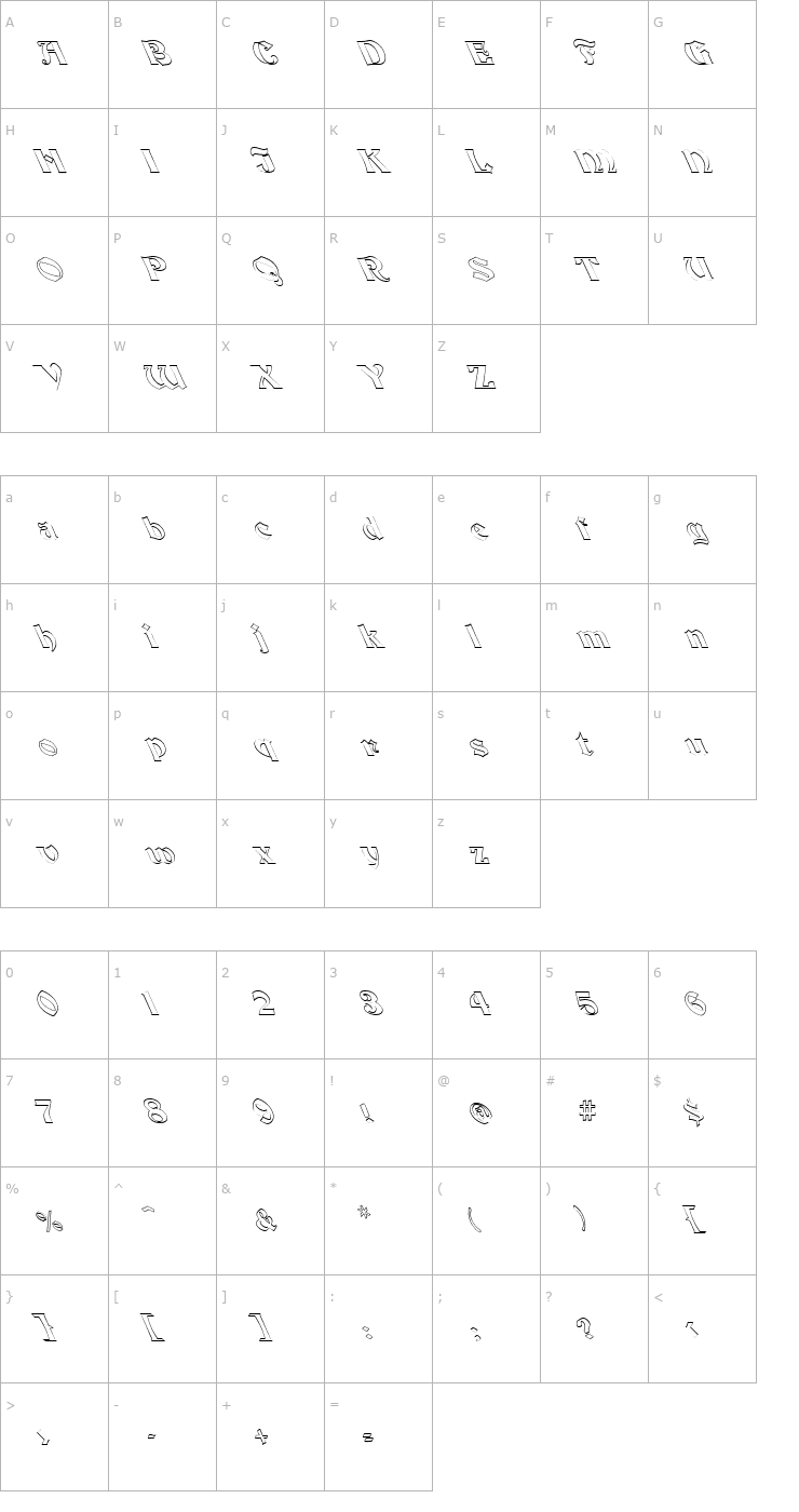 Character Map FZ JAZZY 19 HOLLOW LEFTY Font