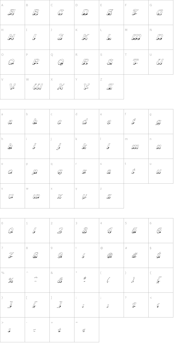 Character Map FZ JAZZY 19 SHADOW ITALIC Font