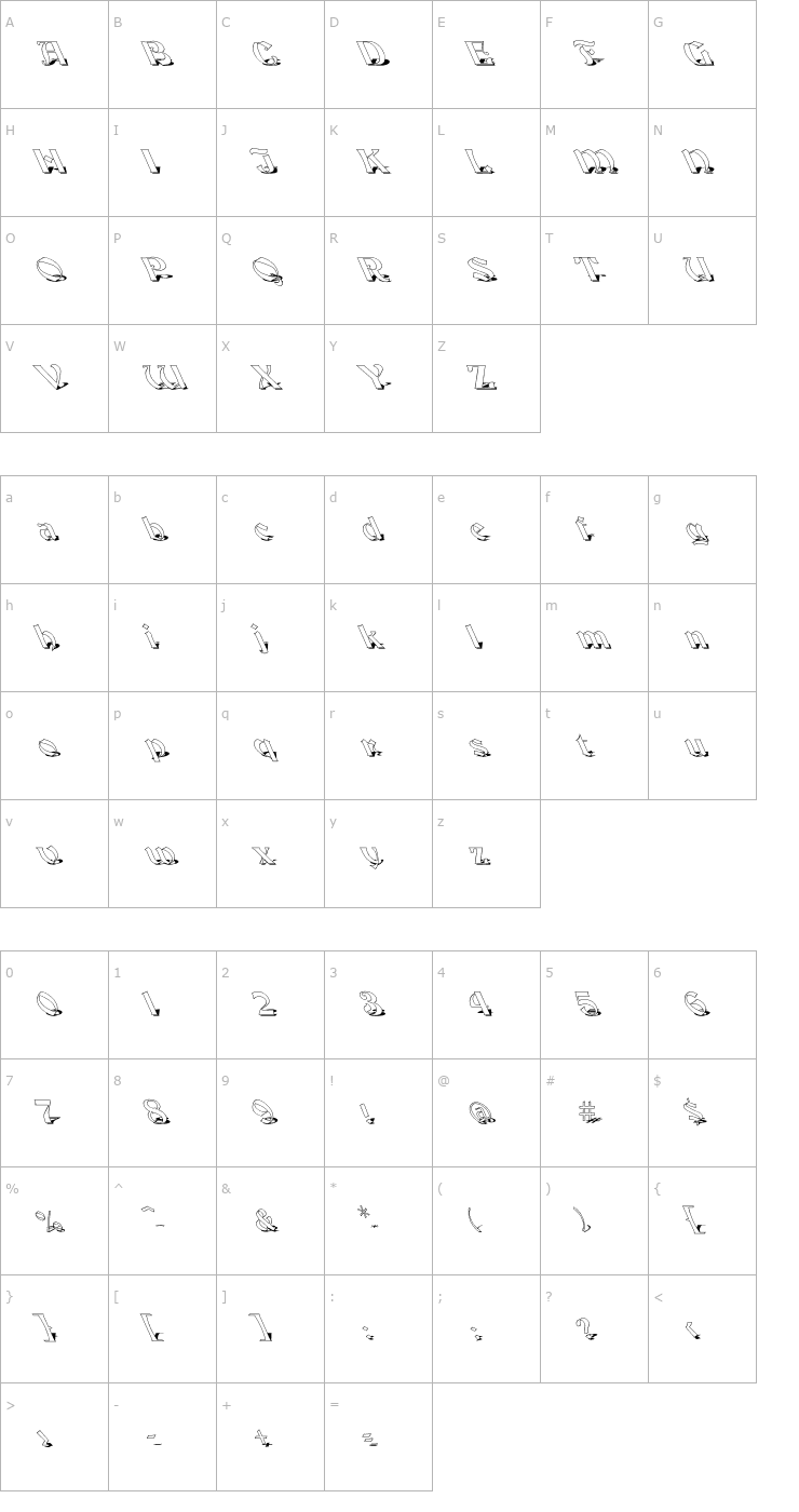 Character Map FZ JAZZY 19 SHADOW LEFTY Font