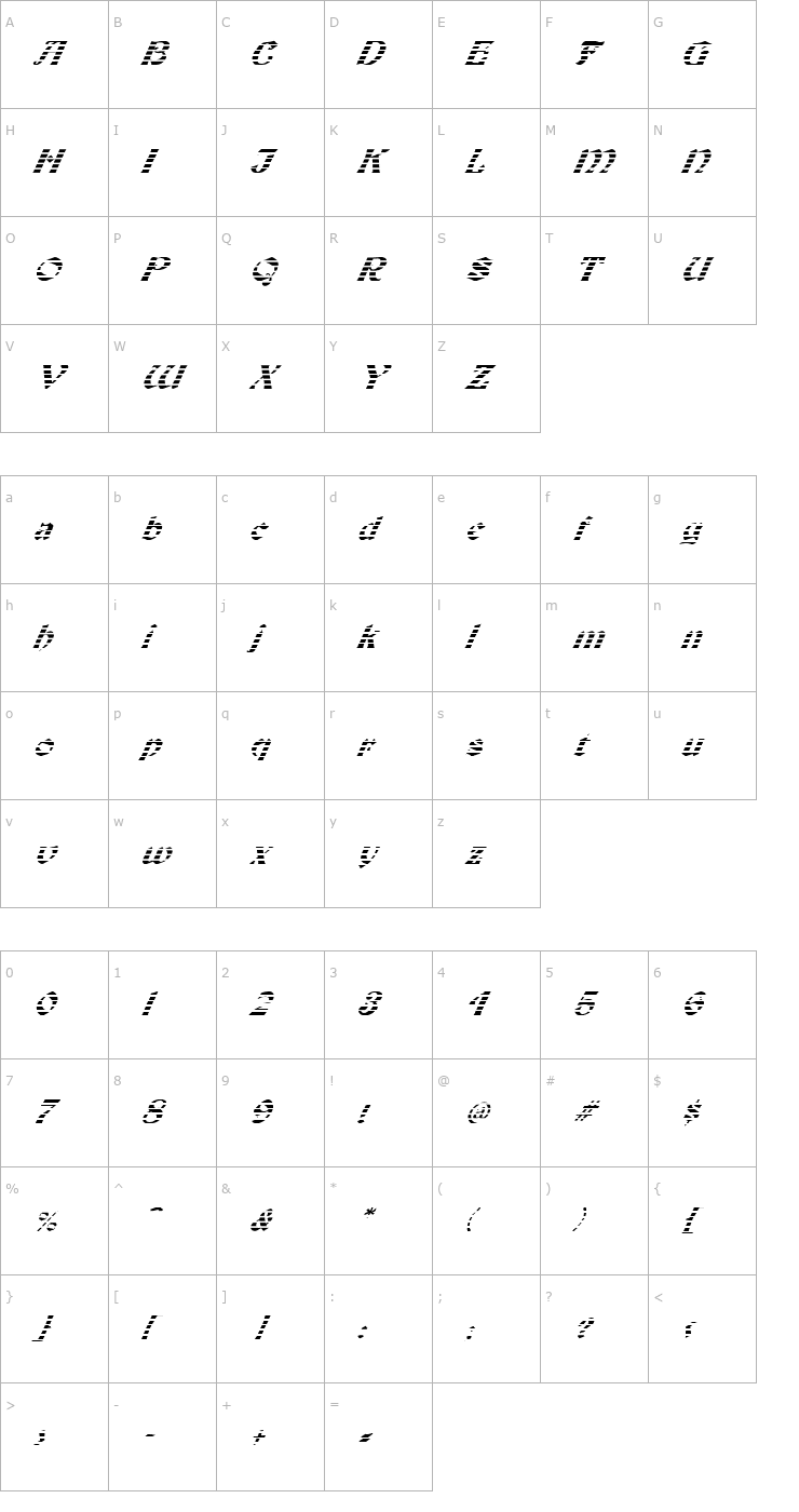 Character Map FZ JAZZY 19 STRIPED ITALIC Font