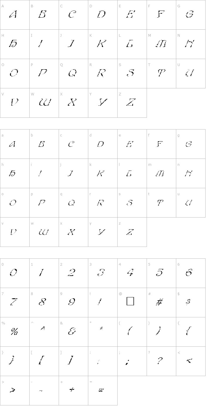 Character Map FZ JAZZY 20 HOLEY ITALIC Font