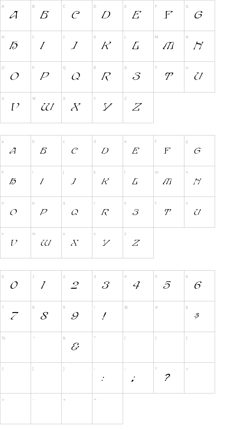 Character Map FZ JAZZY 20 ITALIC Font
