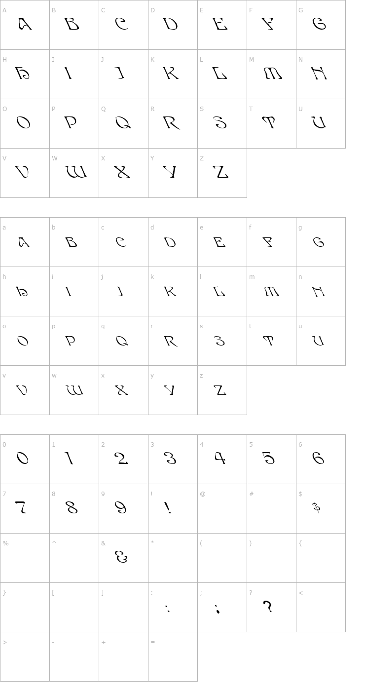 Character Map FZ JAZZY 20 LEFTY Font