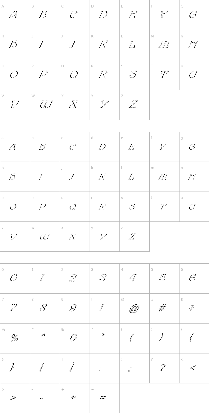 Character Map FZ JAZZY 20 STRIPED ITALIC Font