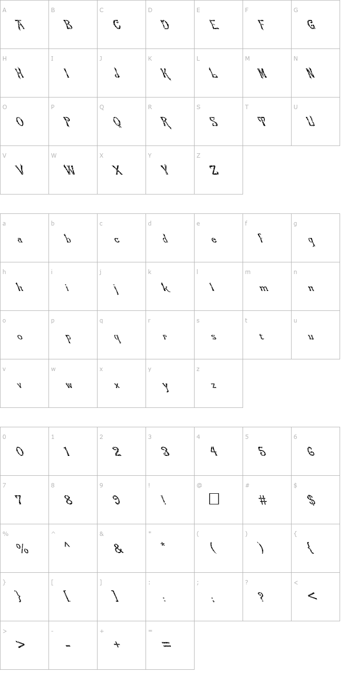 Character Map FZ JAZZY 21 CRACKED LEFTY Font