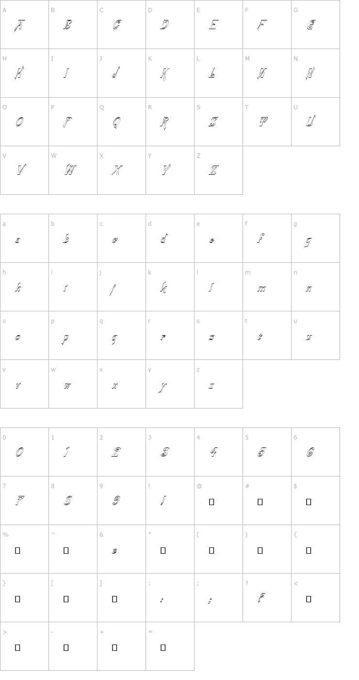 Character Map FZ JAZZY 21 HOLLOW ITALIC Font