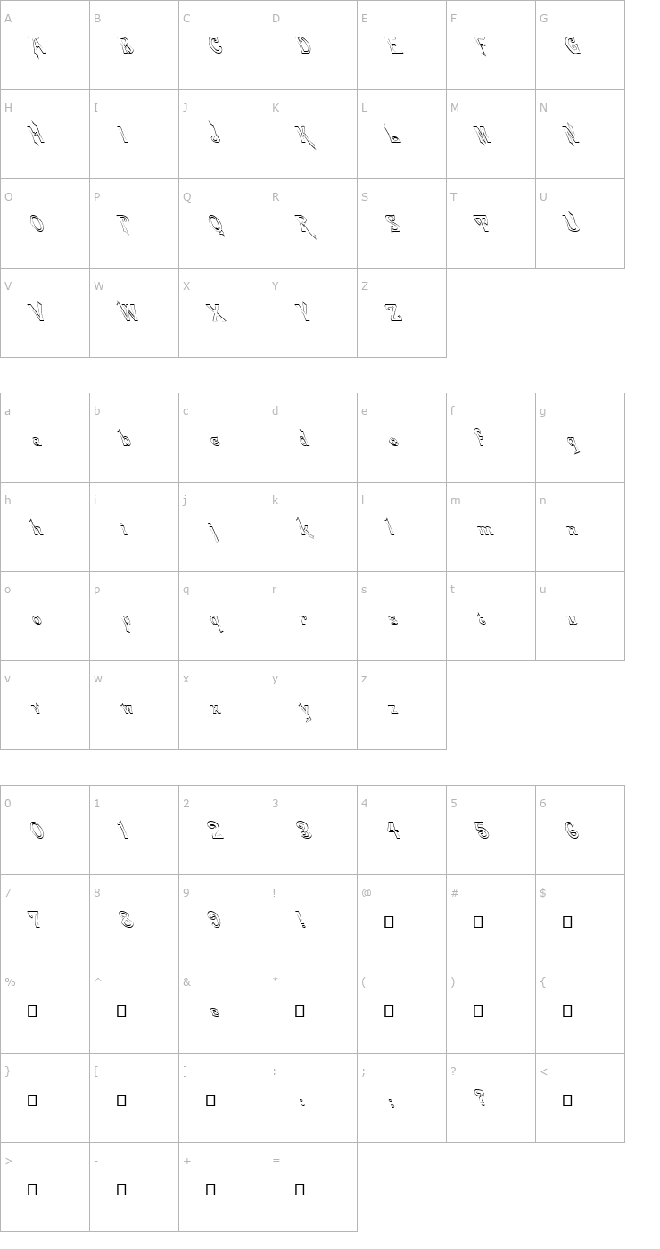 Character Map FZ JAZZY 21 HOLLOW LEFTY Font