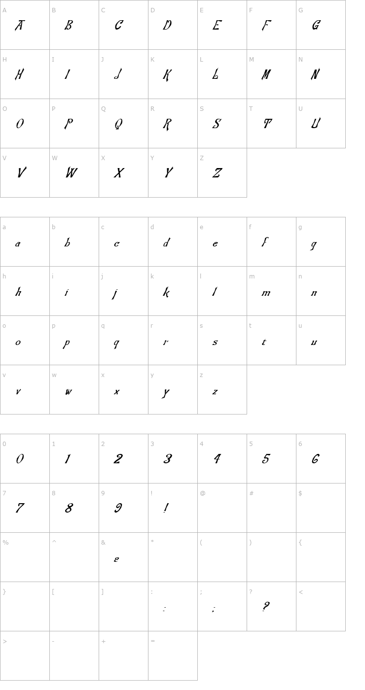 Character Map FZ JAZZY 21 ITALIC Font