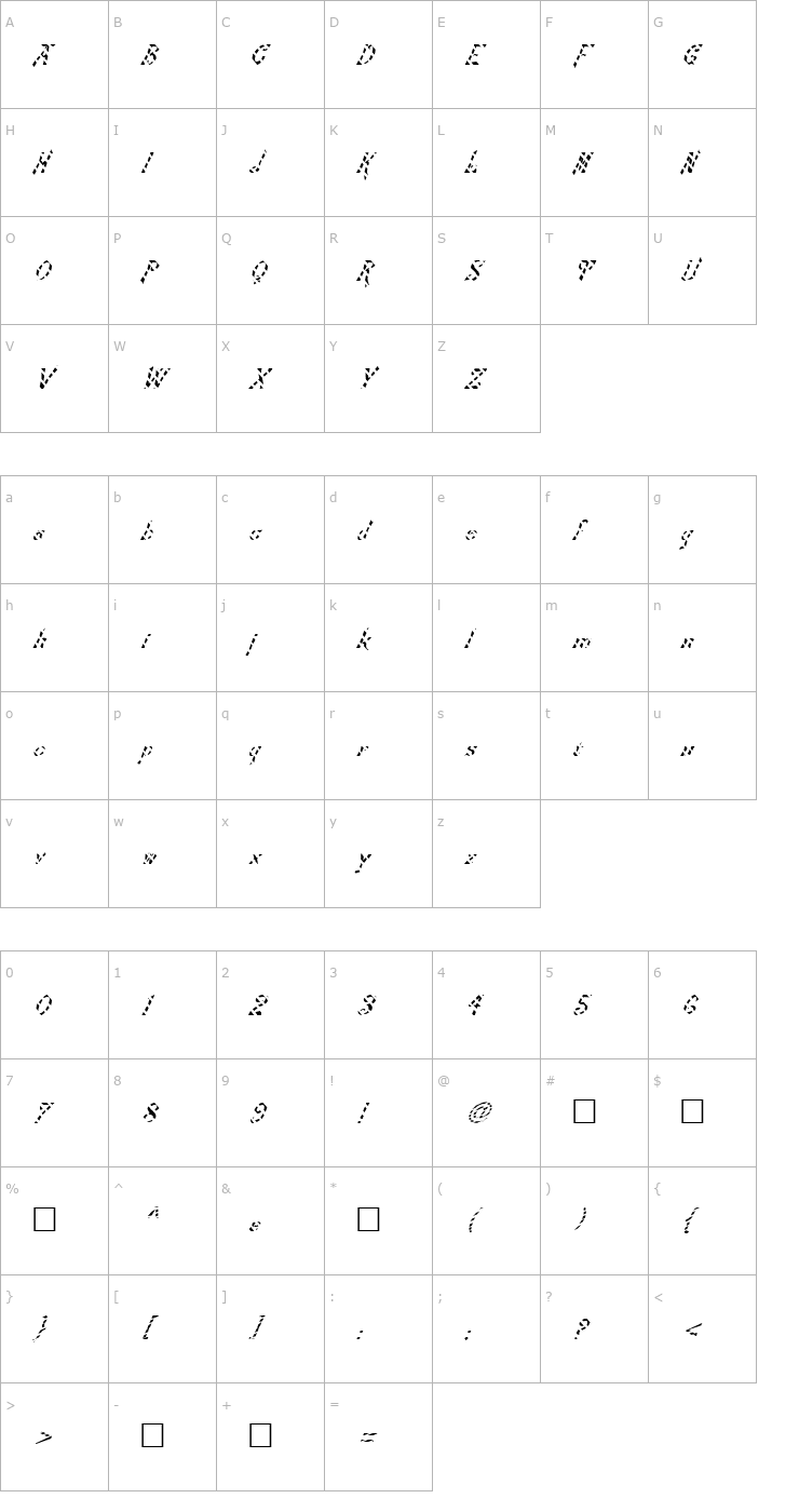 Character Map FZ JAZZY 21 STRIPED ITALIC Font
