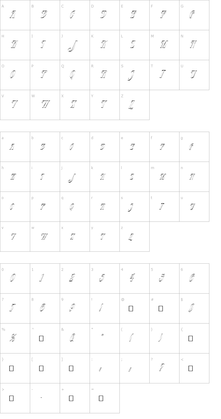 Character Map FZ JAZZY 23 HOLLOW ITALIC Font