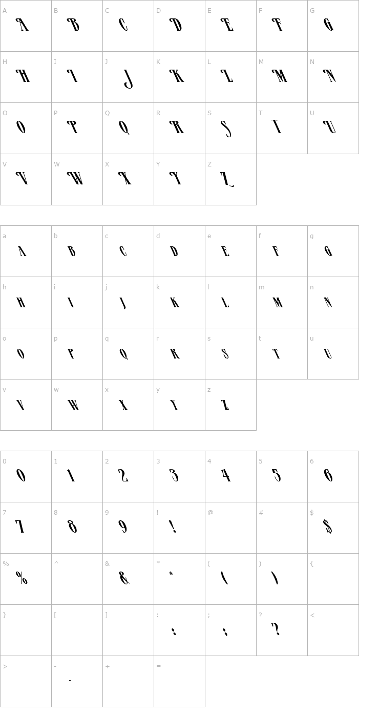 Character Map FZ JAZZY 23 LEFTY Font