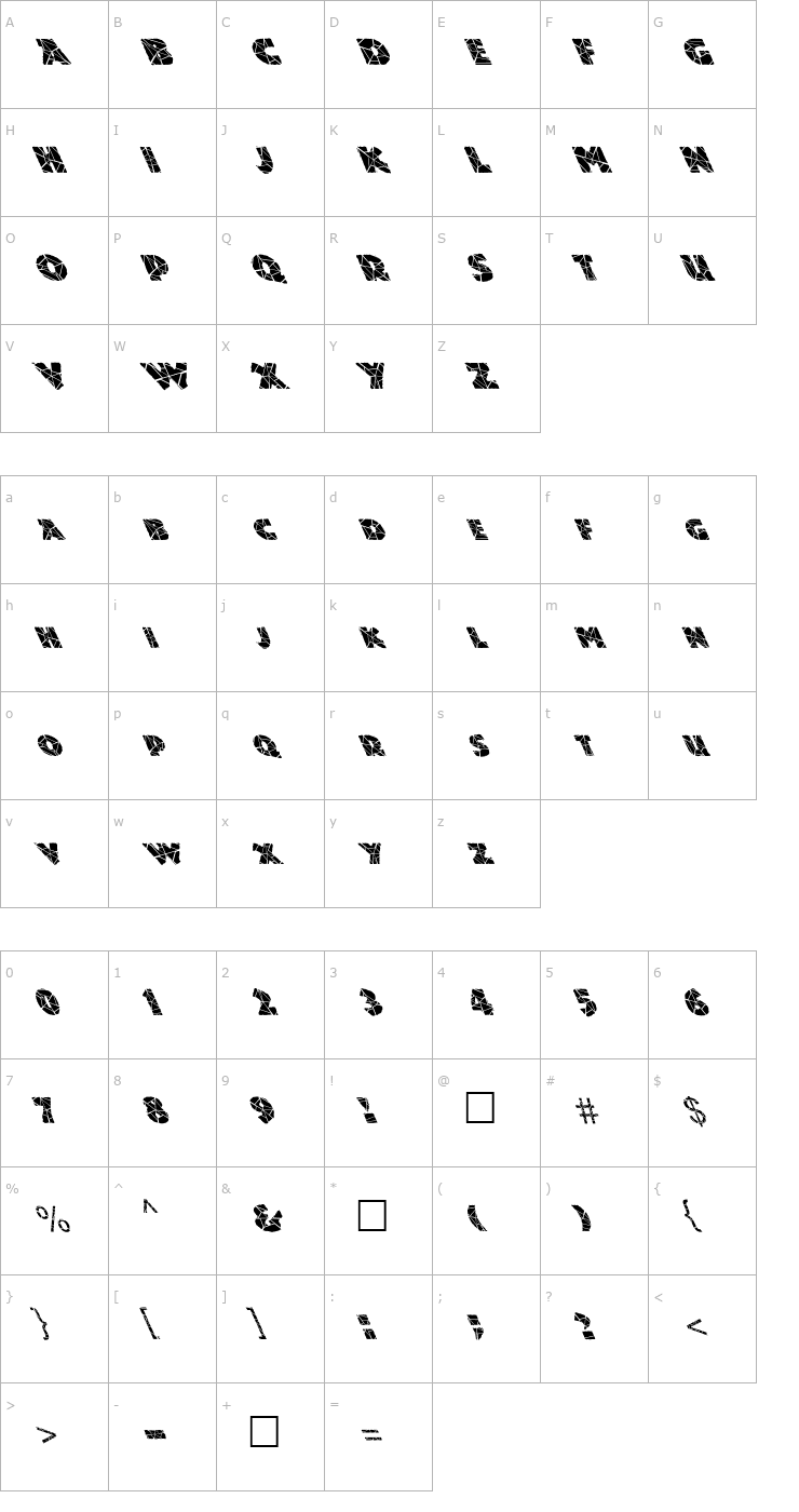 Character Map FZ JAZZY 24 CRACKED LEFTY Font