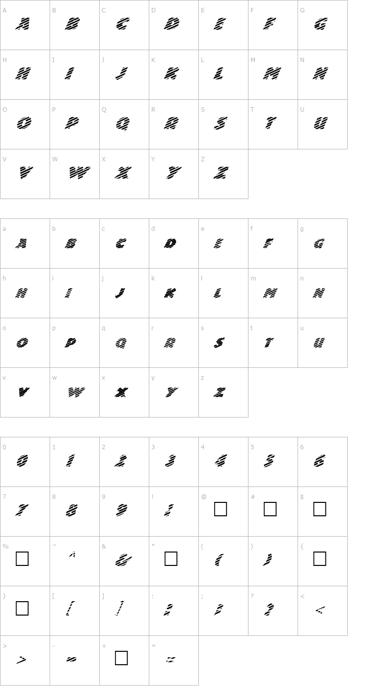 Character Map FZ JAZZY 24 STRIPED ITALIC Font