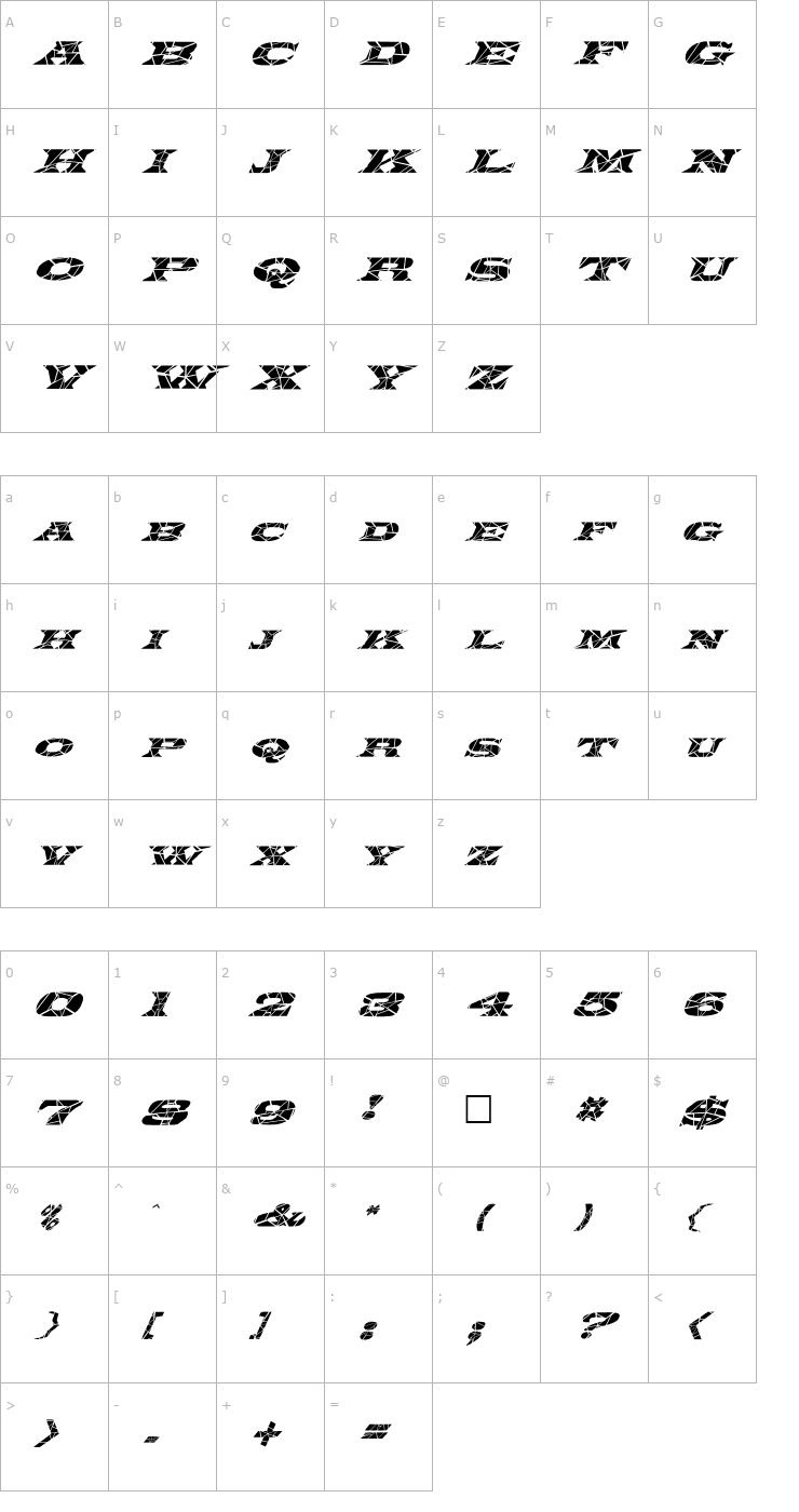 Character Map FZ JAZZY 26 CRACKED ITALIC Font